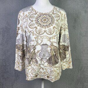 J Mclaughlin Top Womens Medium White Brown Rope Printed Catalina Cloth Casual